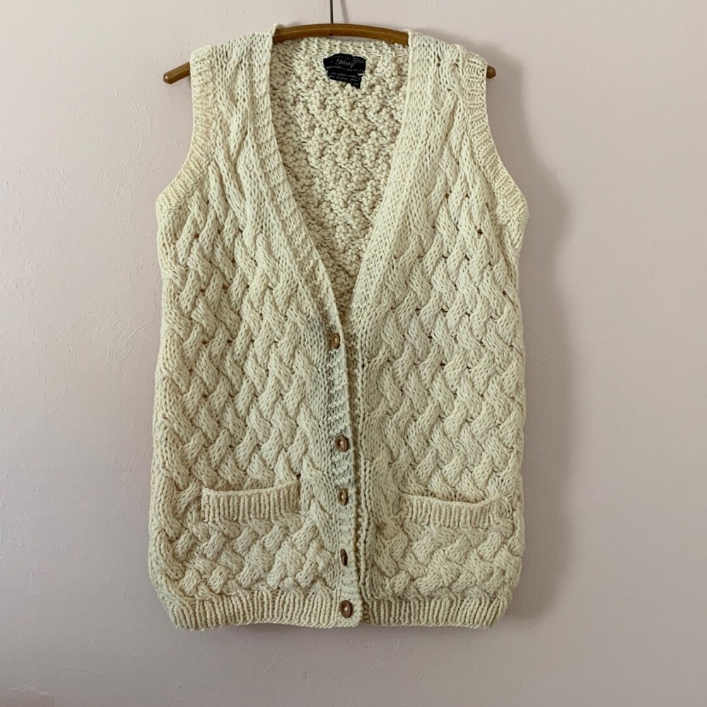 Vintage Cable Knit Wool Sweater Vest Womens‎ Size L Cream 70s Wood Button Chunky